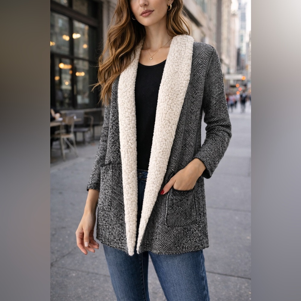 Style & Co Sherpa Collar Knit Cardigan Jacket – Cozy Black & White Textured Coat